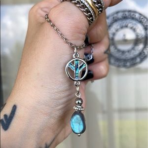 Peace sign Labradorite necklace . Abalone & labradorite gemstones . Steel chain